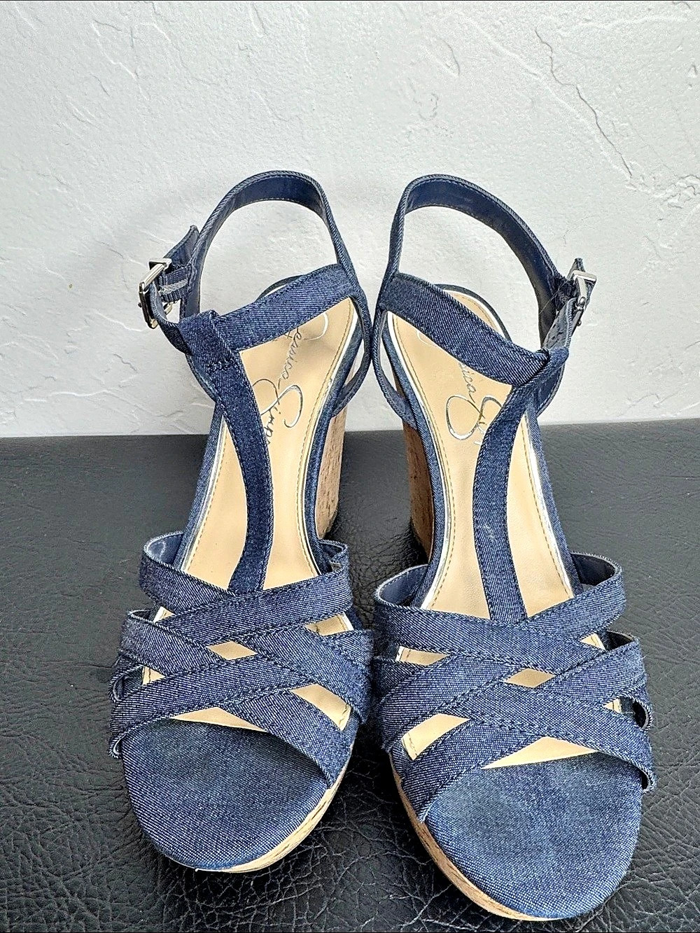 Jessica Simpson Blue Denim Cork Wedge Sandals US 6.5 AO